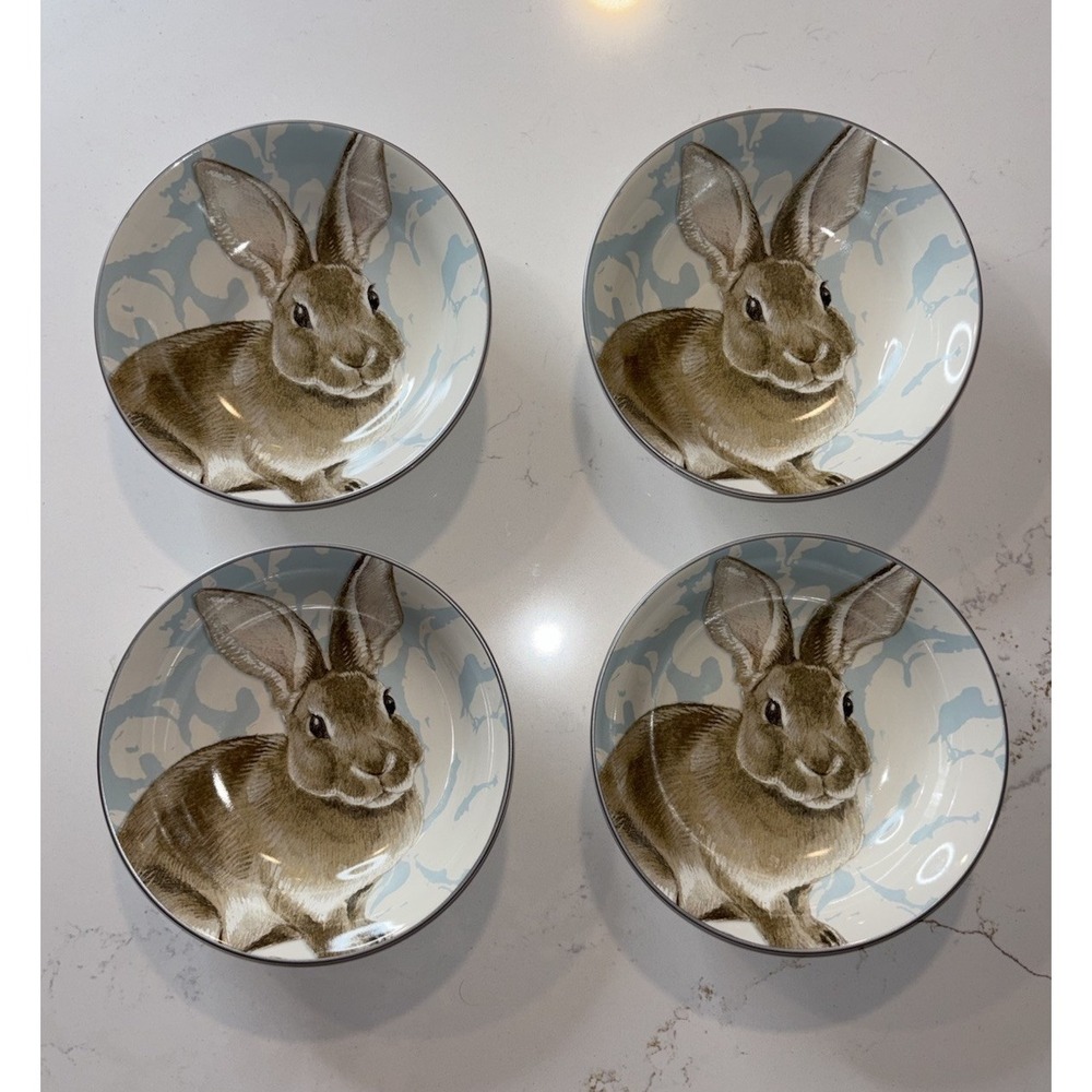 Set Of 4 Williams Sonoma Damask Bunny Cereal SOUP BOWL Blue Floral Rabbit 7.5"